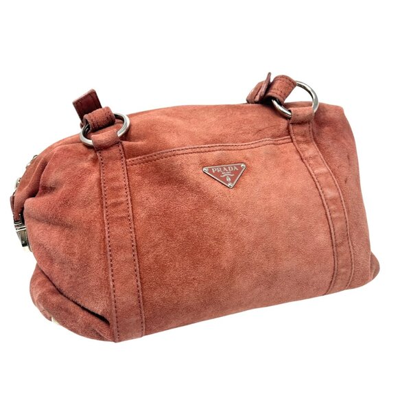 PRADA Vintage Logo Shoulder Bag Tote Red Brown Silver Handbag Suede Zip [105155] - Picture 7 of 13